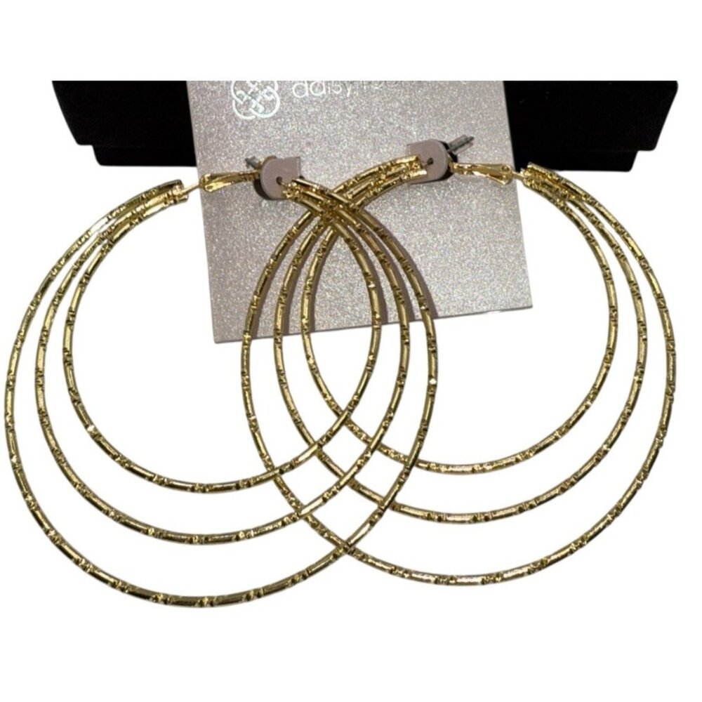 Daisy Fuentes Triple Oversized 3.25" Gold Tone Hoop Loop  BOHO Textured Earrings